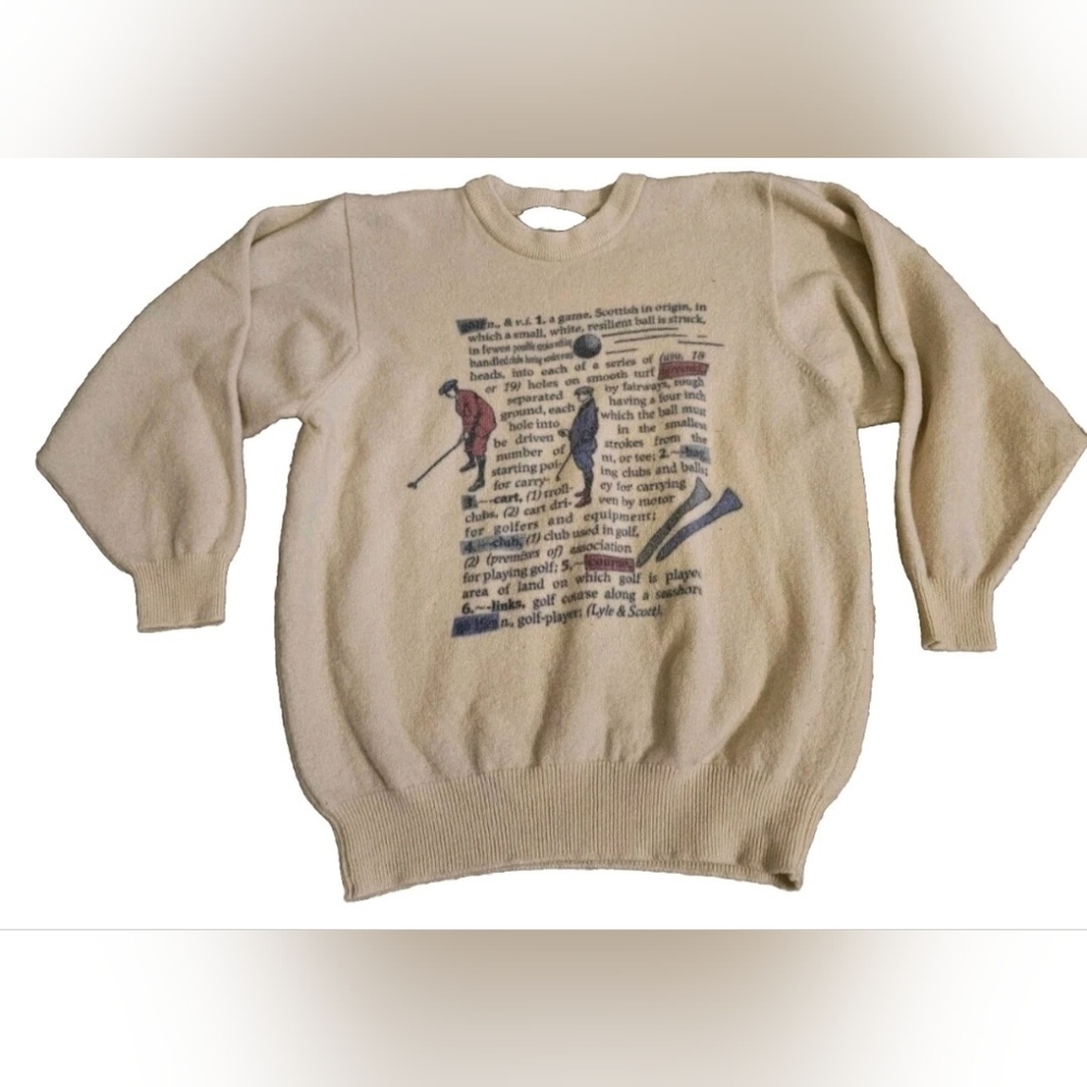Lyle & Scott Scotland Lambswool Vintage Style Beige Sweater Golf Print Size M